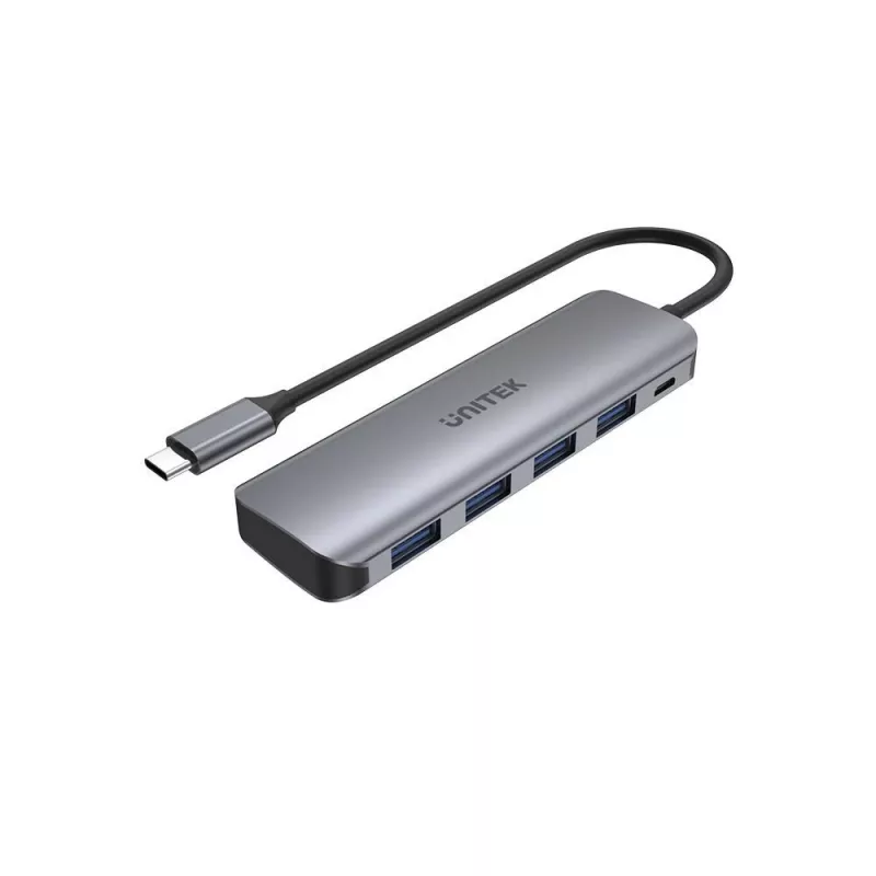 USB-Hub Unitek P5+ — 5 Ports (4 × USB 3.2 Gen 2 Typ-A), USB 3.2 Gen 1 Host, 5 Gbit/s, 10 W PD, Aluminium, Grau
