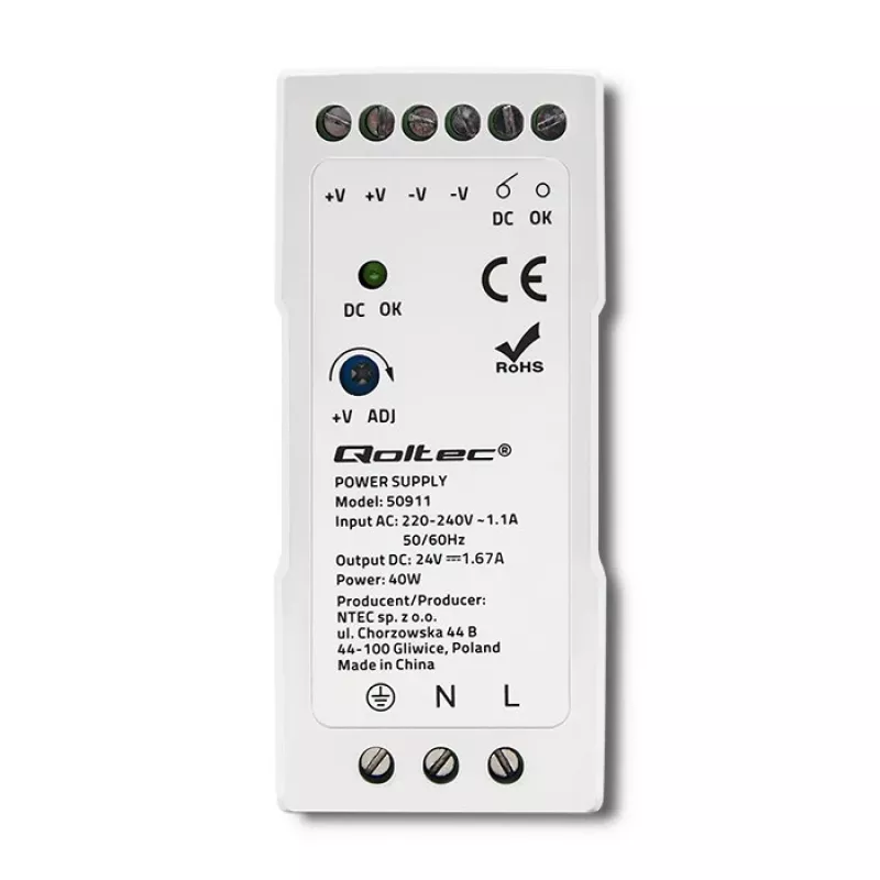 Qoltec Din Rail Netzteil | 40W | 24V | 1.67A | Weiß | schlank