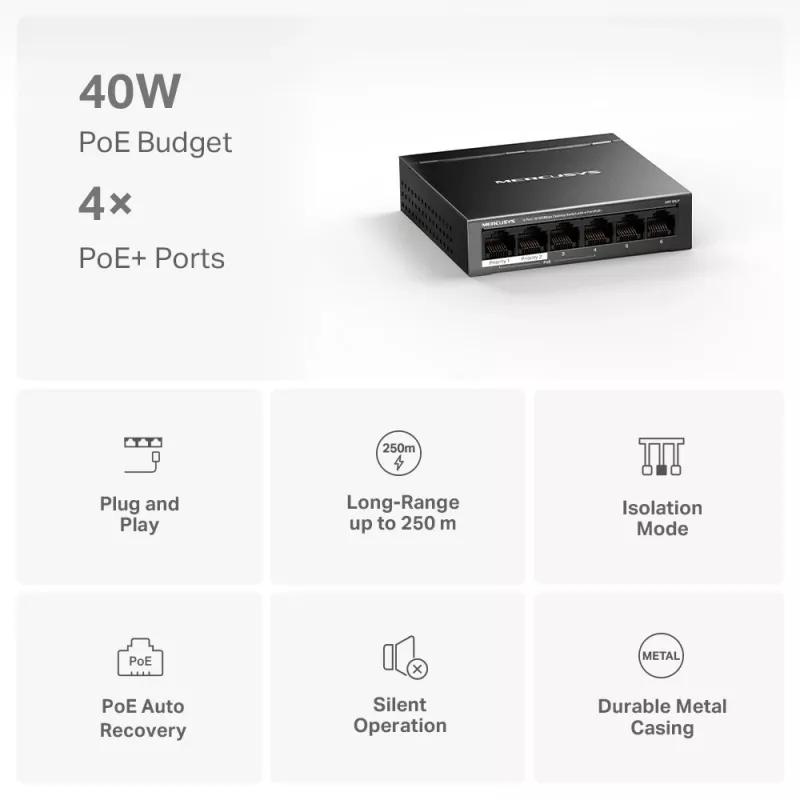 Mercusys 6-Port 10/100Mbps Desktop Switch mit 4-Port PoE+