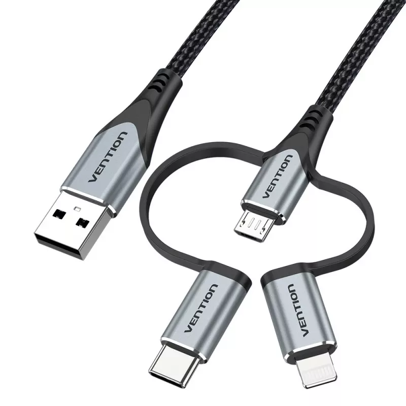 Vention USB 2.0 A Stecker auf 3-in-1 Micro-B&USB-C&Lightning Stecker Kabel 1M Grau Aluminiumlegierung