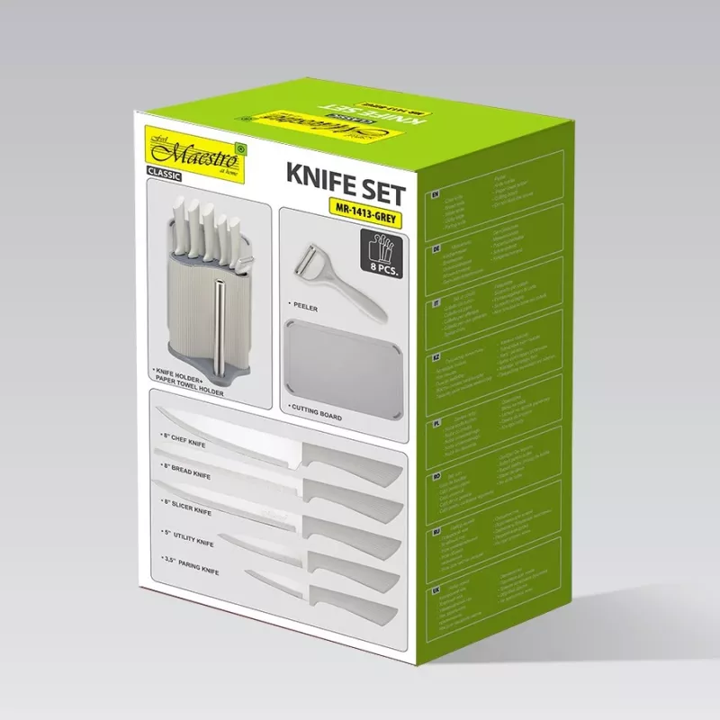 Messer-Besteckset Maestro MR-1413-Grau – 8-teilig, Edelstahlklingen, graue Griffe, enthält Kochmesser, Brotmesser, Schneidemesser, Universalmesser, Schälmesser, Sparschäler, Schneidebrett, Küchenpapierhalter