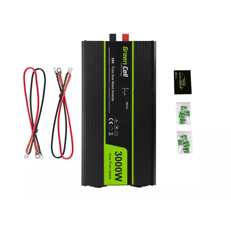 Auto-Wechselrichter Grün Cell INV21 6000 W, 24V DC-AC, 230V Ausgang, 2x USB PD, aktive Kühlung, abnehmbare DC-Steckverbinder, schwarz