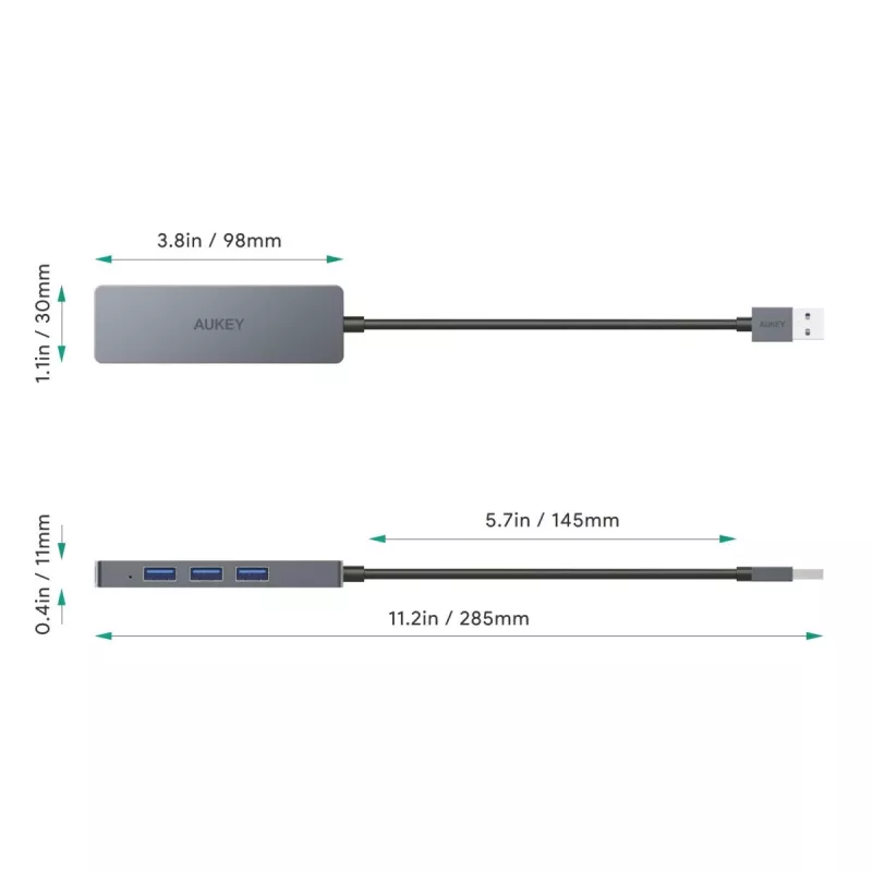 USB-Hub Aukey CB-H36 — 4-Port USB 3.2 Gen 1 Typ-A, Host USB 2.0, 5000 Mbit/s, Aluminium Silber