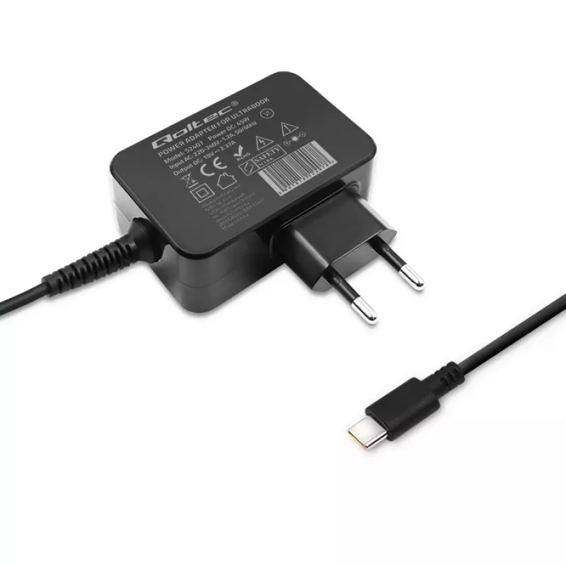 Mobiles Ladegerät QOLTEC 51024 – Universelles AC-Indoor-Ladegerät, 65 W PD, 20 V/3,25 A, 1,2 m Kabel, Schwarz