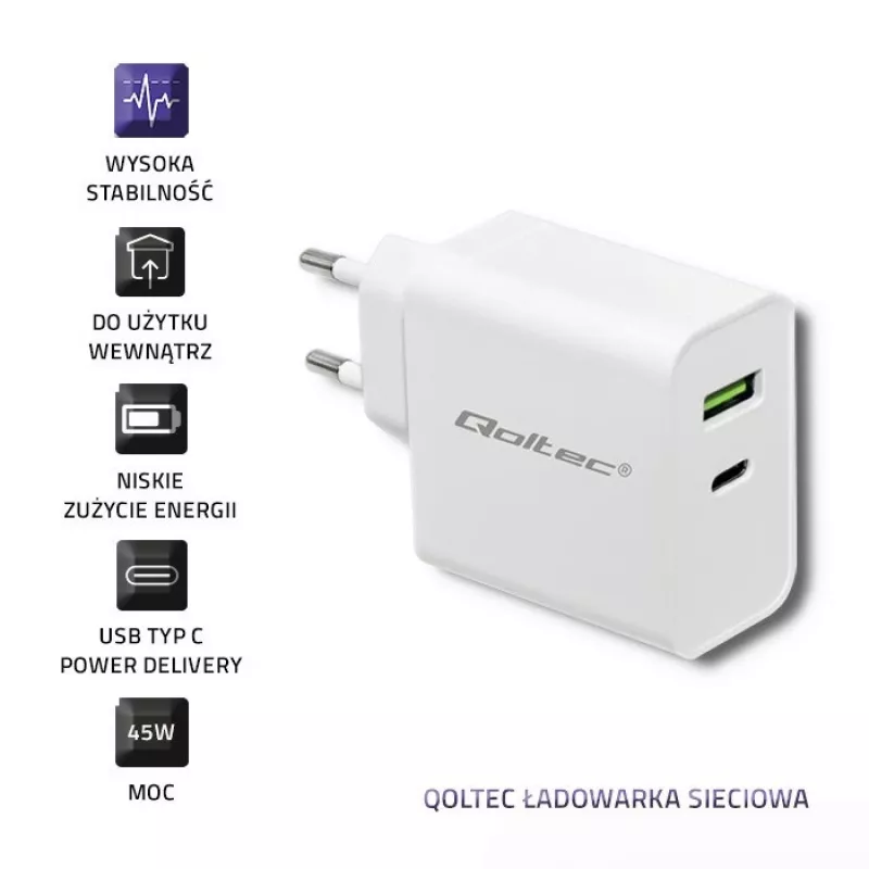 Qoltec 51718 Ladegerät | 45W | 5-20V | 2,4-3A | USB Typ C PD | USB | Weiß