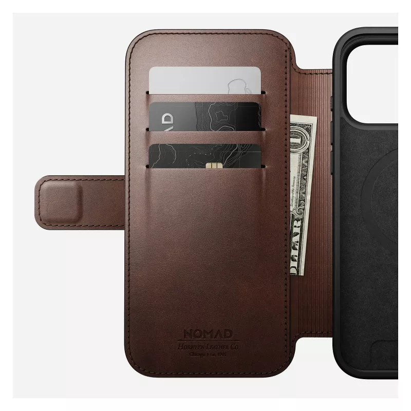Nomad Modern Leather Folio Handyhülle Cover für iPhone 17 Pro Max — Braun, Leder, 6,3 Zoll Bildschirm, 4 Kartenfächer