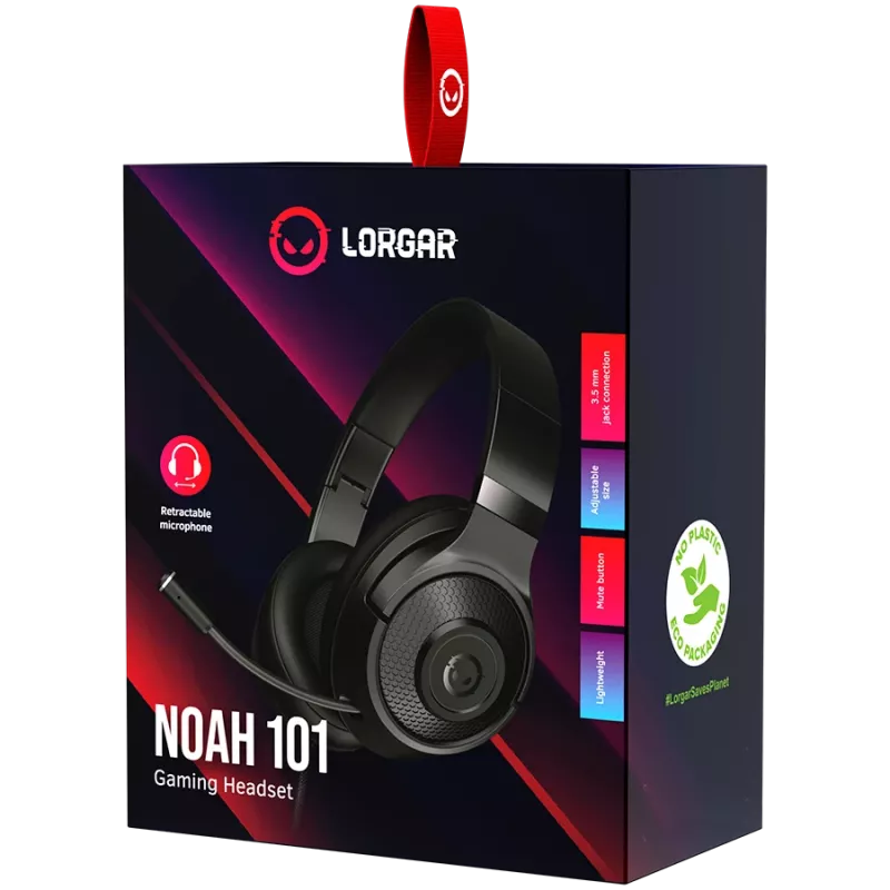 LORGAR Noah 101, Gaming-Headset mit Mikrofon, 3,5-mm-Klinkenanschluss, Kabellänge 2 m, faltbares Design, PU-Leder-Ohrpolster, Größe: 185*195*80 mm, 0,245 kg, schwarz