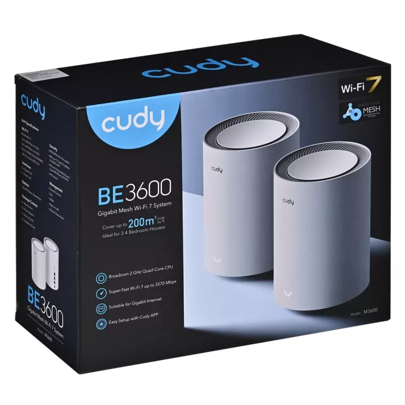 Mesh-System Cudy M3600 Dualband-Wi‑Fi‑7 2882 Mbit/s, 2er-Pack, 4 Antennen, 3x LAN, 512 MB RAM, 2 GHz CPU