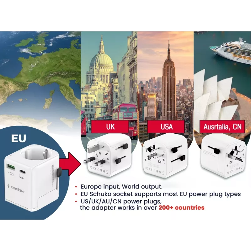 Reise-Netzteil GEMBIRD TPA-EU1A1C20-01-W 20W, USB-A 18W + USB-C 20W, Schuko-Steckdose, Eingang 100–250 V