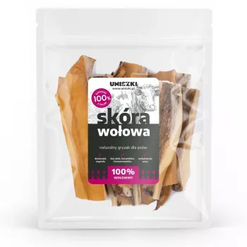 Hundeleckerlis UNISZKI Rinderhaut 100 g — natürliche Rinderhaut-Zahnpflegekaustreifen, 100-g-Beutel, Protein 65%