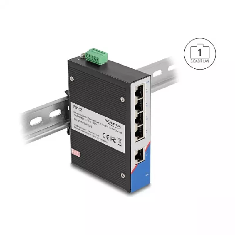 Ethernet Switch DELOCK 80162 — 5‑Port Gigabit RJ45 für Hutschienenmontage