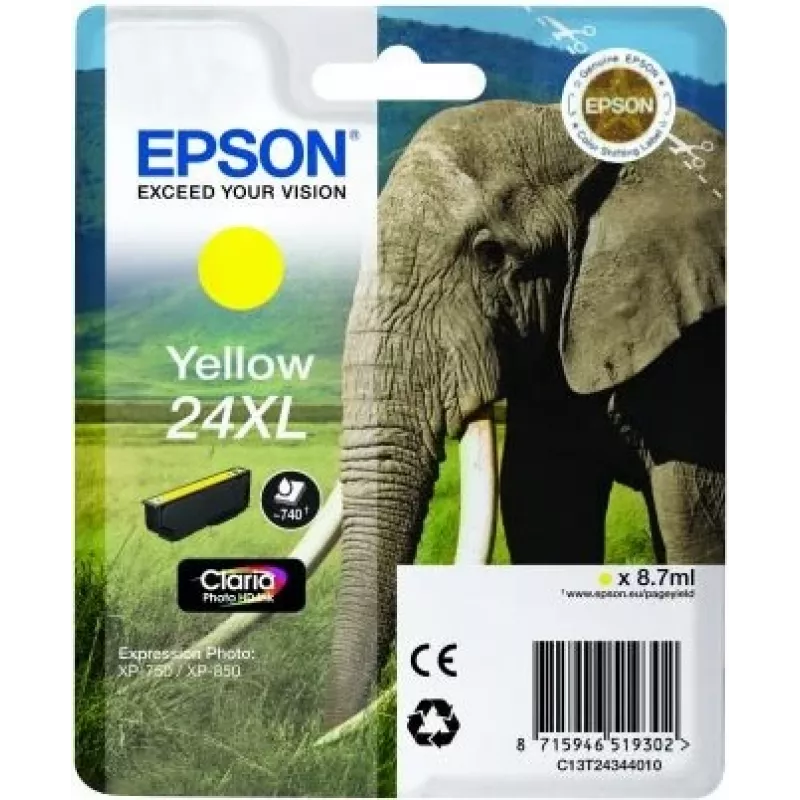 Epson Elephant Einzelpackung Gelb 24XL Claria Photo HD Tinte, Gelb, Pigmenttinte, 1 Stk.
