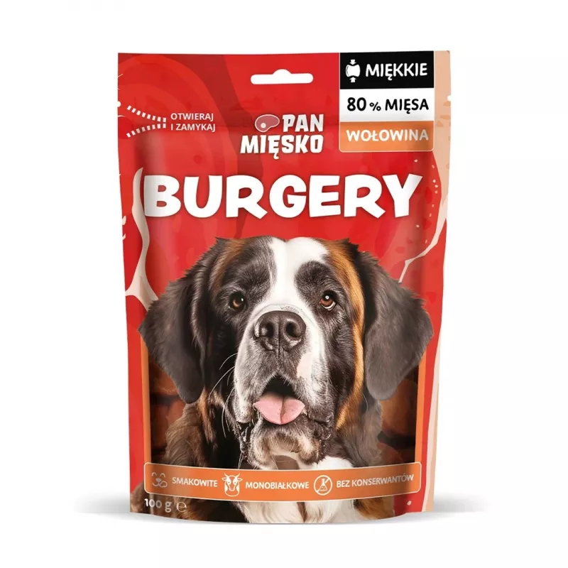 Hundeleckerlis Pan Miesko Beef Burgers Adult 100 g — Monoprotein-Hypoallergener Rindfleisch-Snack für erwachsene Hunde