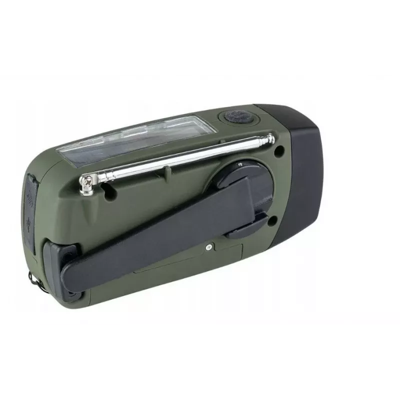 Notfallradio FOSCO 464600 mit LED-Taschenlampe, Powerbank, FM, IPX3, Solar-/Handkurbel-/USB-C-Ladung — grün/schwarz