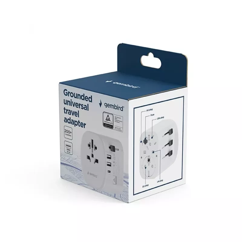 Reiseadapter GEMBIRD TPA-EU2A1C15-01-W – 15W, Typ-E-Stecker, 2× USB-A + 1× USB-C, 100–250V