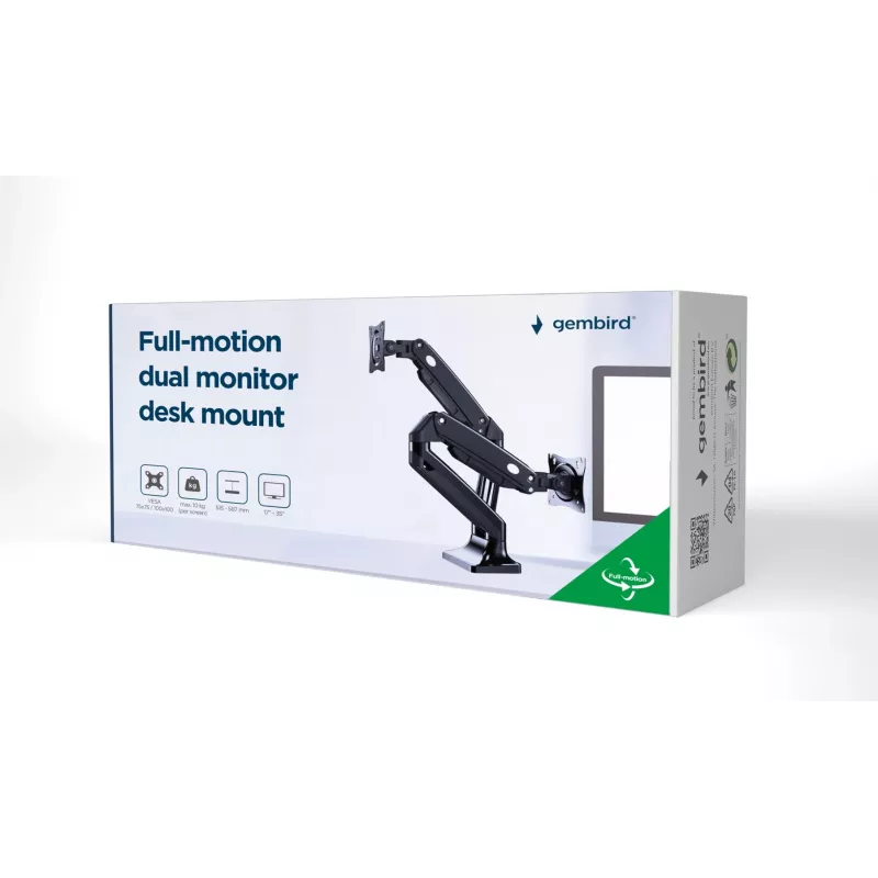 Monitor-Halterung GEMBIRD MA-DA2-03 für Bildschirme bis 35 Zoll, Tischklemme, VESA 75x75–100x100, 20 kg, schwarz, Dual-Display