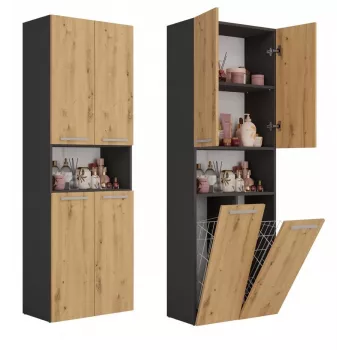 Badezimmerschrank Top e Shop NEL 2K DK ANT/ART KP – Graphit/Eiche, freistehend, 600×300×1740 mm, 3 Regalböden
