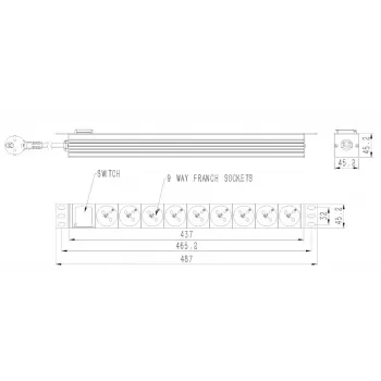 Stromverteilereinheit GEMBIRD EG-PDU-9F2F — 9 französische (Typ E) Steckdosen, 1HE-Rack, 16A, 2 m Kabel