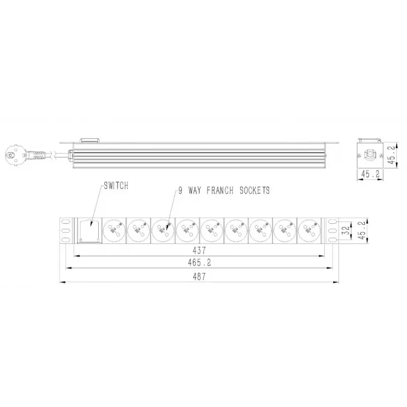 Stromverteilereinheit GEMBIRD EG-PDU-9F2F — 9 französische (Typ E) Steckdosen, 1HE-Rack, 16A, 2 m Kabel