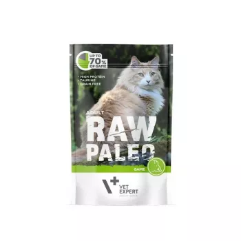 Nassfutter für Katzen VETEXPERT RAW PALEO Adult Hirsch 100 g — getreidefreies Einzelportionsbeutel