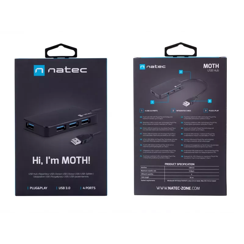 USB-Hub NATEC Moth 4-Port USB 3.2 Gen 1 Typ-A (5000 Mbit/s), USB-gespeist, schwarz, 0,15 m Kabel