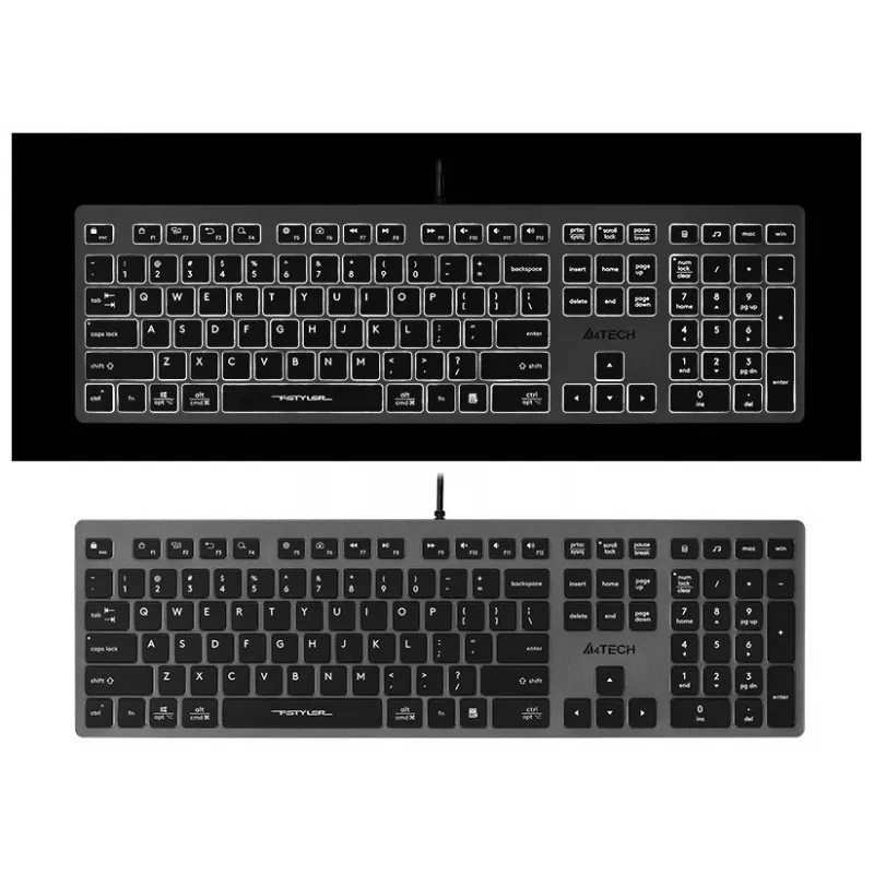 Kabelgebundene A4Tech-Tastatur FX60H USB QWERTY – Full-Size 100%, hintergrundbeleuchtet weiß, grau, USB-Hub