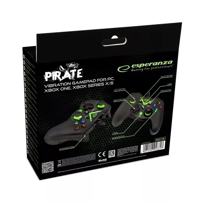 Gamepad Esperanza EGG114K kabelgebunden USB 2.0 schwarz — 12 Tasten, 2 Joysticks, Vibration, für PC & Xbox Series X/S/One
