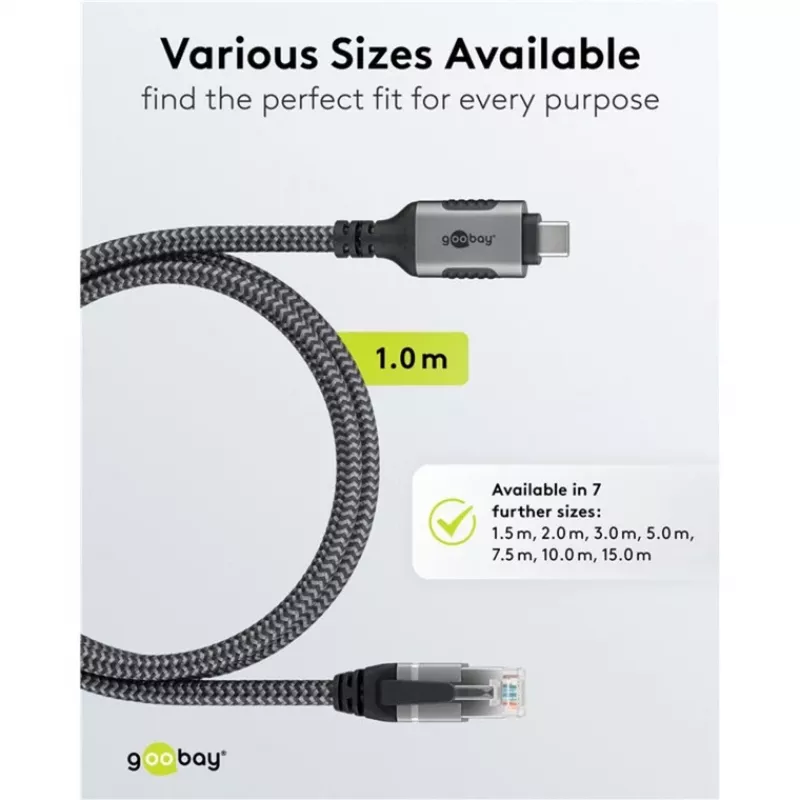Wentronic goobay - Netzwerkkabel - 24 Pin USB-C (M) auf RJ-45 (M) - 1,0 m - 6 mm - FTP - CAT 6 - USB 3.1 - geflochtenes Kabel - Schwarz, Silber (70696)