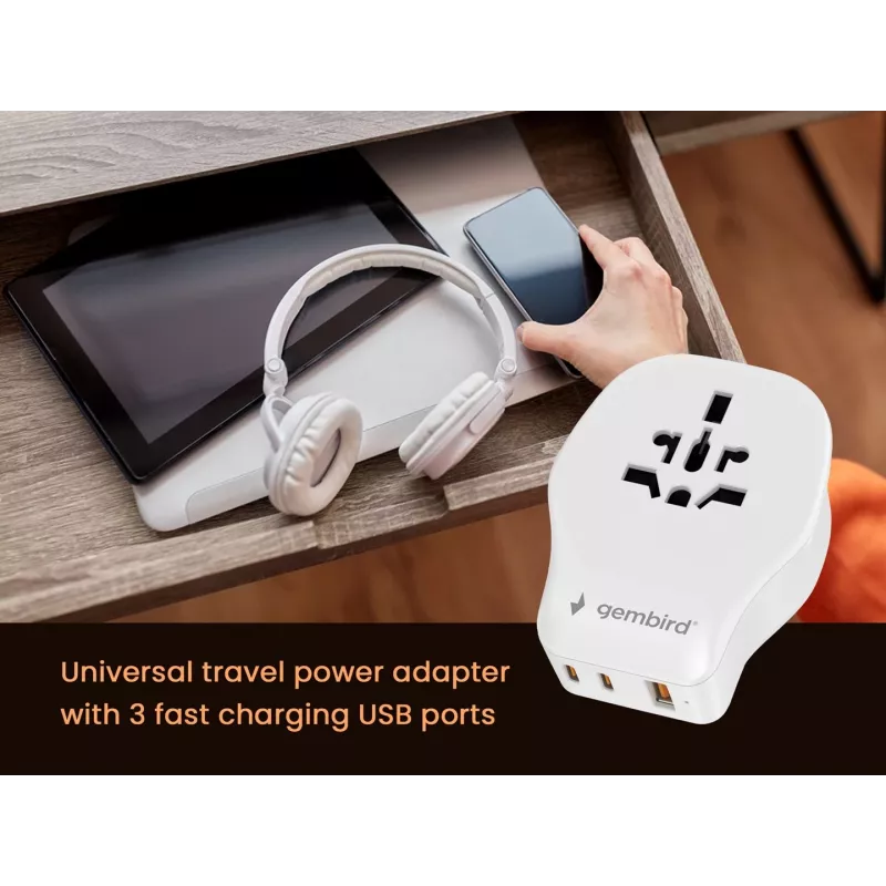 Wand-Reiseadapter GEMBIRD TPA-1A2C20-02-W 20W — 1xUSB-A + 2xUSB-C, Typ-G-Stecker, 100–250 V, weiß