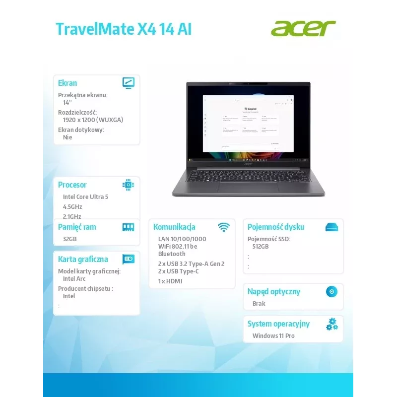 Laptop Acer TravelMate P4 TMX414-51-TCO 14 Zoll WUXGA IPS, Intel iU5, 32 GB RAM, 512 GB SSD, Wi‑Fi 7, Windows 11 Pro, 3 Jahre Vor-Ort-Service am nächsten Werktag