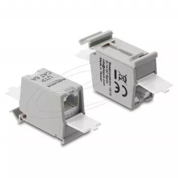 Netzwerk-RJ45-Kupplung DELOCK Cat.6A Dual-Buchse-auf-Buchse für DIN-Schienen-Montage, grau