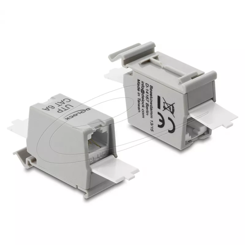 Netzwerk-RJ45-Kupplung DELOCK Cat.6A Dual-Buchse-auf-Buchse für DIN-Schienen-Montage, grau