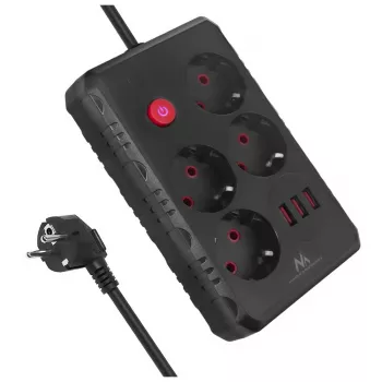 Steckdosenleiste MACLEAN MCE392 B — 4 Steckdosen, 3×USB, 110–240V, 2,1A, 2500W, 1,5 m Kabel, schwarz