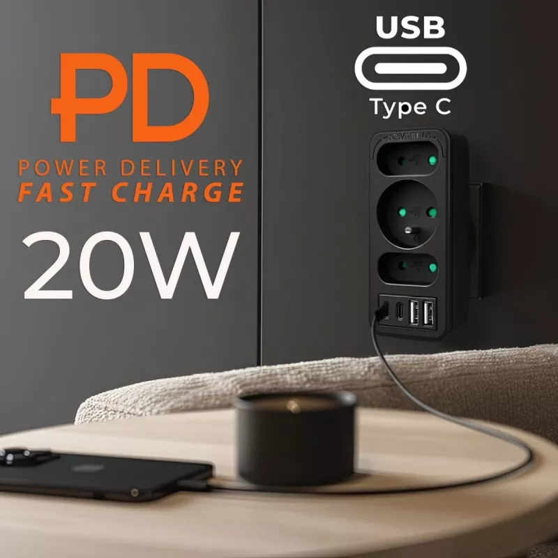 Power-Splitter MACLEAN MCE248 F/B — 3 AC-Steckdosen (1x16A, 2x6A) und 4 USB-Anschlüsse (2xUSB‑A, 2xUSB‑C PD 20W), EU-Stecker, schwarz
