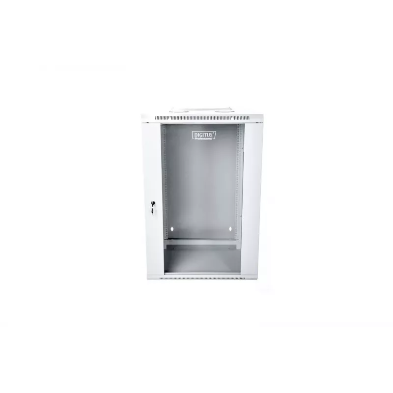 19 15U Wand-Netzwerkschrank 600x600, Glastür, grau, geteiltes Design, montiert, 60kg