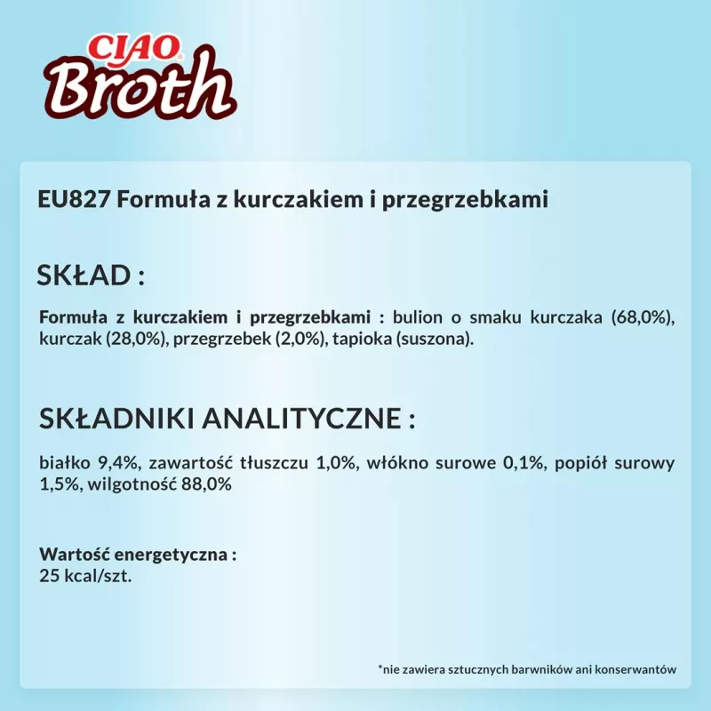 Nasses Katzenleckerli INABA Ciao Broth Huhn & Jakobsmuschel 40 g Beutel, flüssiger fleischiger Sachet, 88 % Feuchtigkeit, 9,4 % Protein