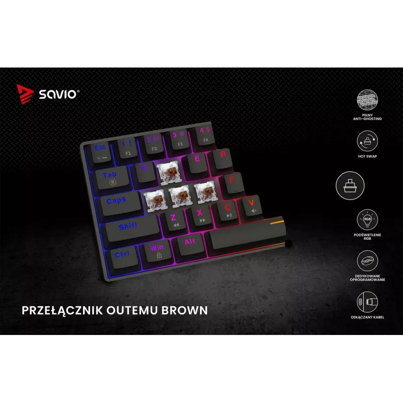 Mechanische Gaming-Tastatur SAVIO SchwarzOUT X2 BROWN 61-Tasten 60% USB QWERTY RGB Outemu Brown