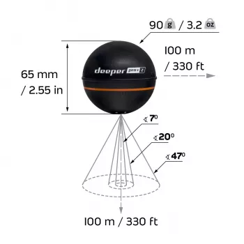 Tragbares Fischfinder Deeper Smart Sonar PRO+ 2 Sonar 675 kHz, 100 m Reichweite, 65×65×65 mm, Li‑Ion 950 mAh