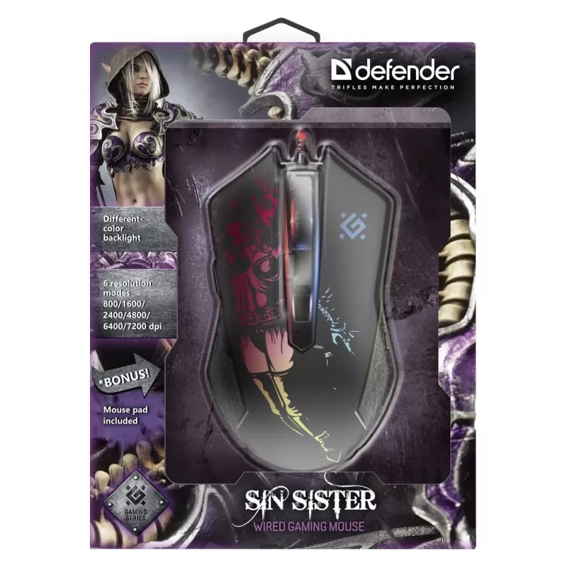 Gaming, optische, kabelgebundene Maus DEFENDER GM-933 SIN'SISTER 7200dpi 6P RGB