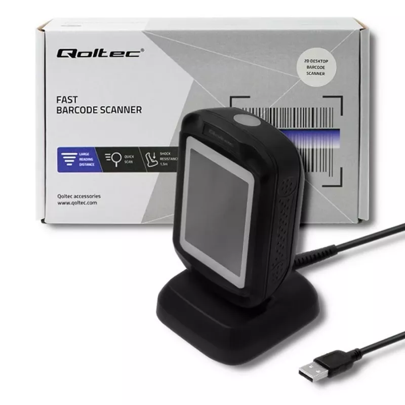 Fester 1D/2D-Barcodeleser QOLTEC 50864, LED-Sensor, USB (kabelgebunden), schwarz, 145×85×80 mm