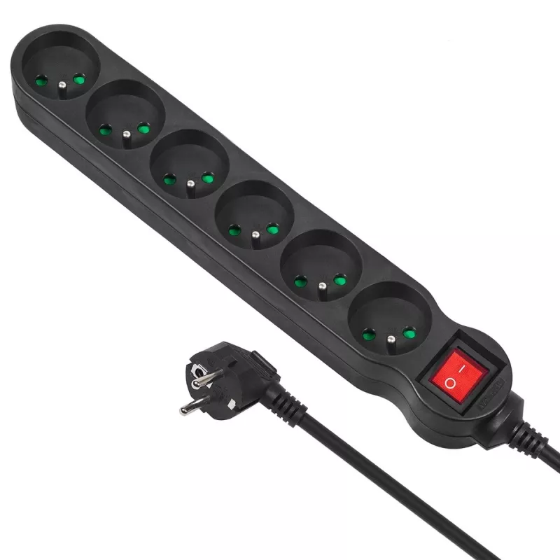 Power-Verlängerung MACLEAN MCE225 — 1.5 m Kabel, 6 Type F AC-Steckdosen, innen, schwarz