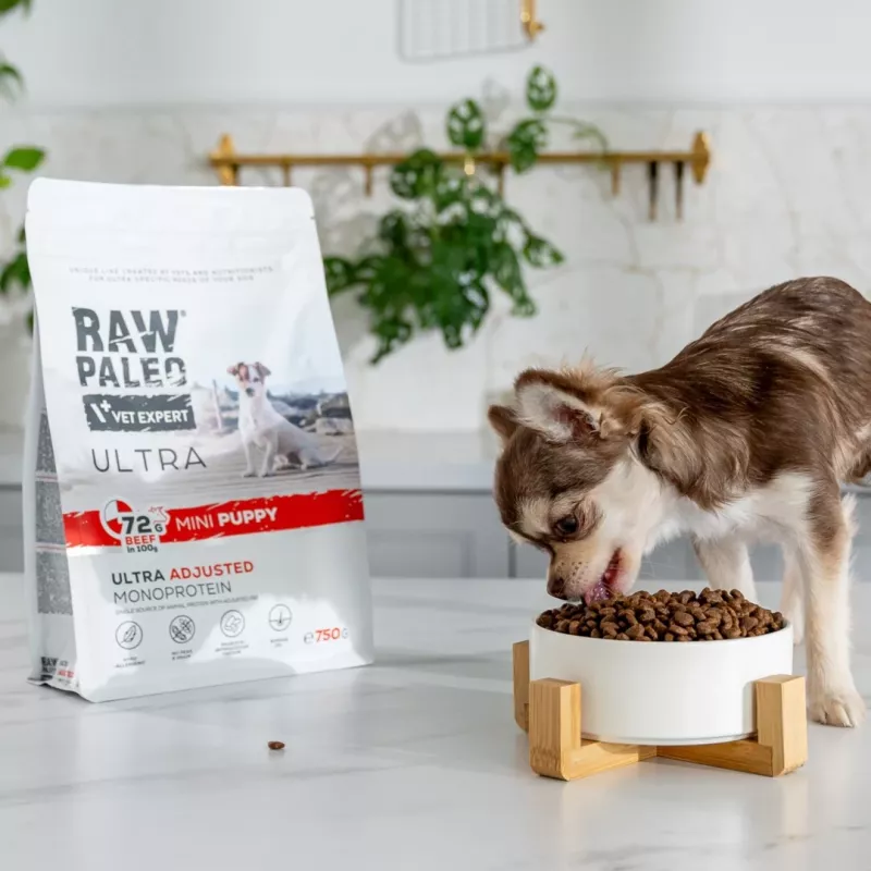 Trockenfutter für Hunde VETEXPERT RAW PALEO Ultra Mini Puppy Beef 750 g — getreidefrei, Protein 30,5 %, Fett 16,5 % für kleine Rassen (5–10 kg)
