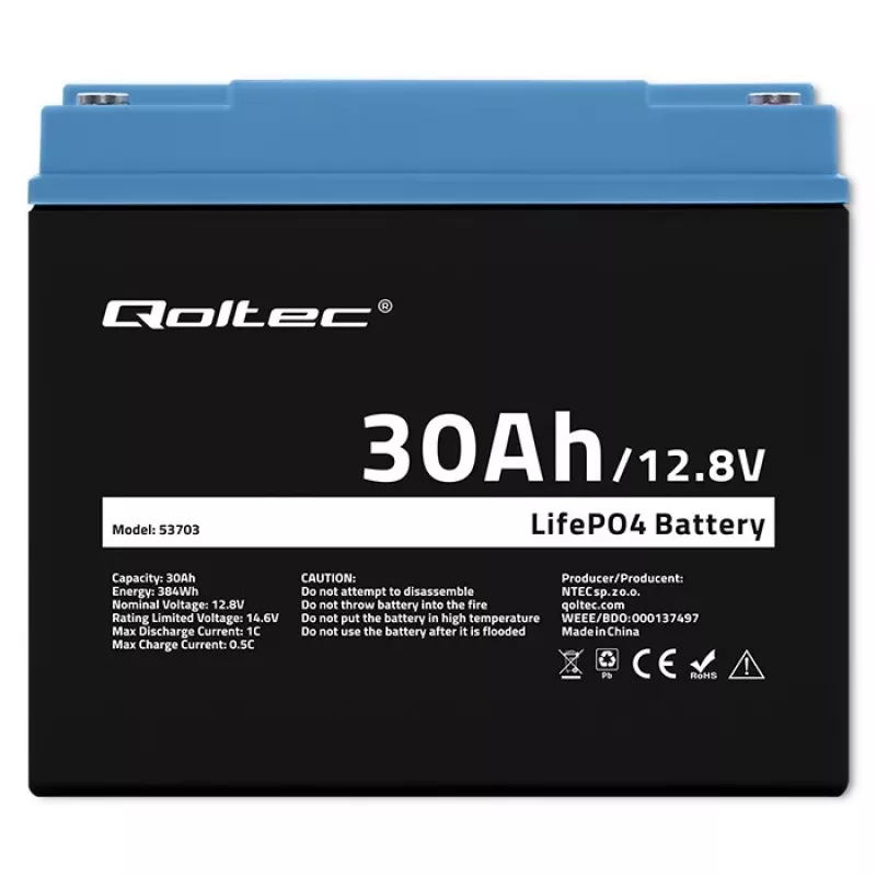 Wiederaufladbare LiFePO4-Batterie QOLTEC 12,8V 30Ah 384Wh mit BMS