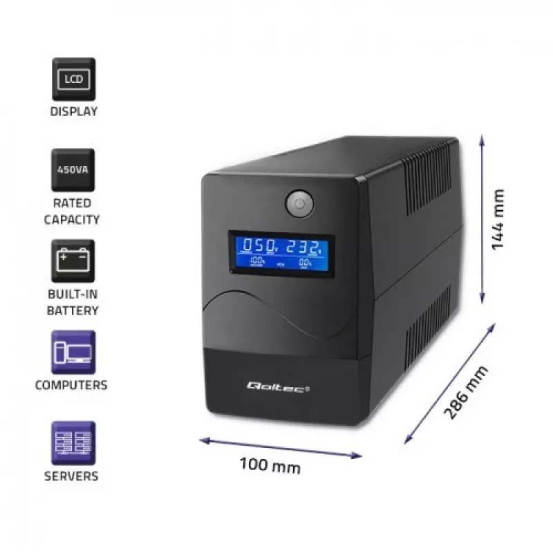Qoltec Monolith USV (unterbrechungsfreie Stromversorgung) Doppelwandlung (Online) 1 kVA 600 W 2 Schuko-Steckdosen