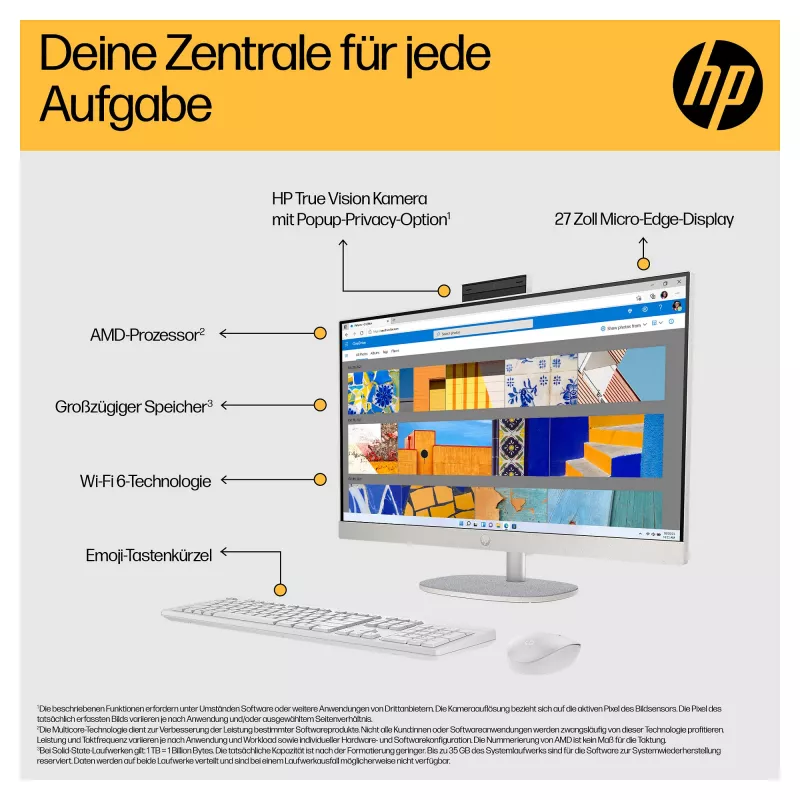 HP 27-cr0471ng - All-in-One (Komplettlösung) - Ryzen 7 7730U - RAM 16 GB - SSD 512 GB - NVMe - Radeon Graphics - 1GbE, Wi-Fi 6, Bluetooth - WLAN: 802.11a/b/g/n/ac/ax, Bluetooth