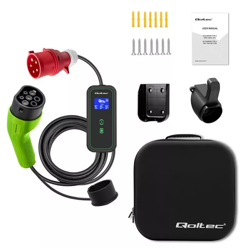 Qoltec Mobile EV Car Charger Adjustable 2in1 Type2 | 11kW | CEE 5 PIN | LCD | 3 Phasen | Tragbar | Wallbox | 5m
