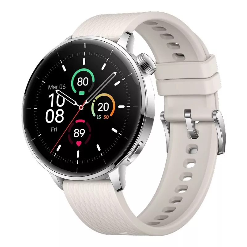 Smartwatch ONEPLUS OnePlus Watch 3 43mm, 1,32 Zoll AMOLED 466×466, Titan/Silber, Weißes Kautschukarmband, GPS, Wi‑Fi
