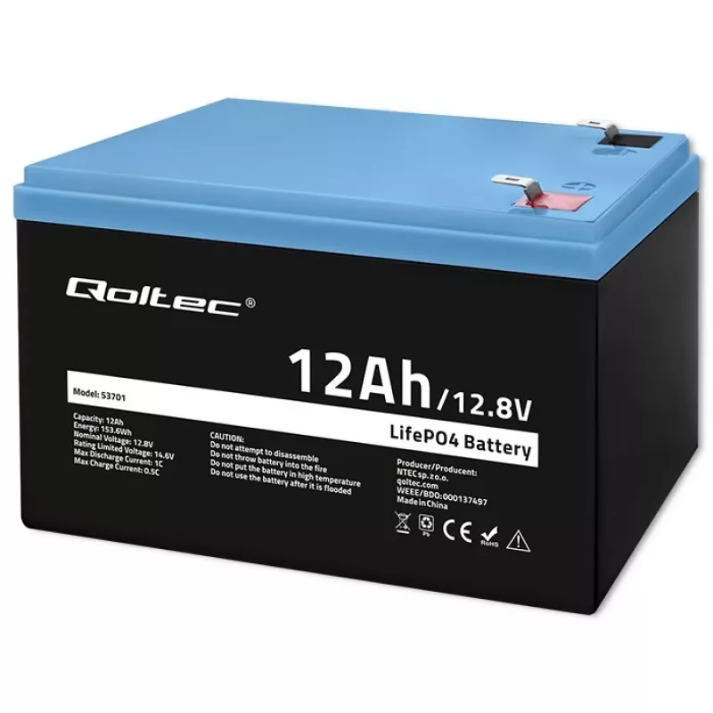 Qoltec LiFePO4 Lithium-Eisenphosphat-Akku 12,8 V 12 Ah 153,6 Wh mit BMS