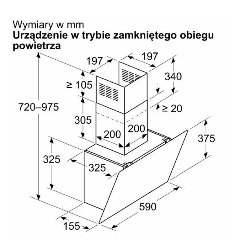 Wandhaube Bosch DWK65DK20, 590×325×690 mm, 550 m³/h, 3 Geschwindigkeiten, 62 dB, weiß, Aluminium-Fettfilter