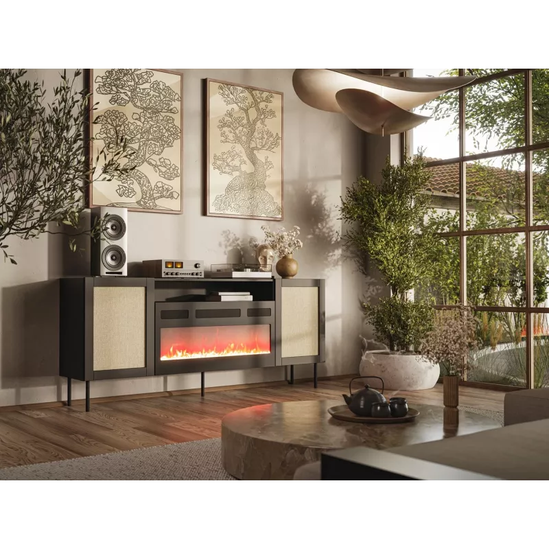 JUTA EF Kommode + electric Kamin 202x39.5x85 schwarz + linol calabria